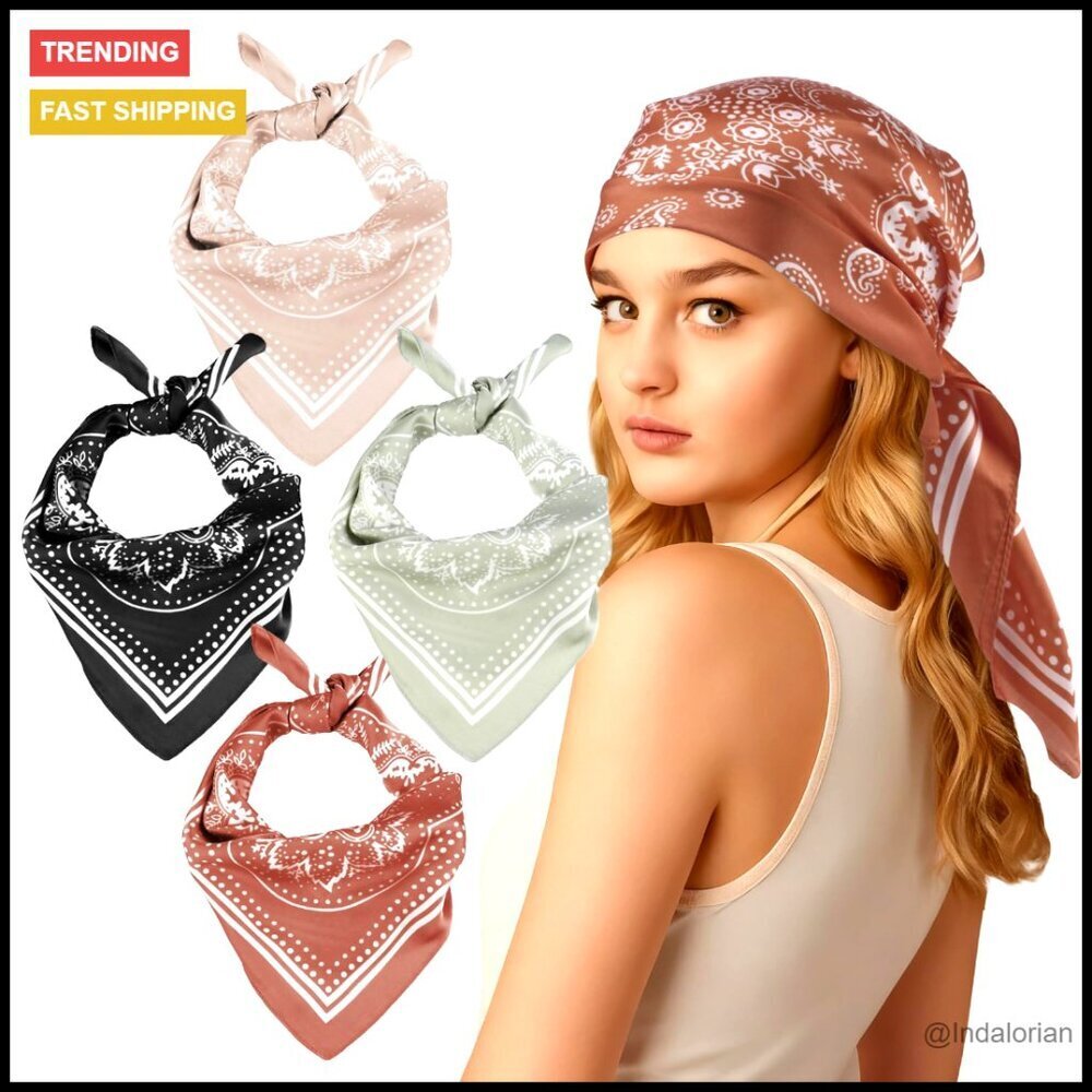 Satin Square Head Scarf Set Boho Retro Versatile Hair Neck Accessory